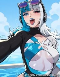 1female 1girls 2d 2d_(artwork) ai_generated alternate_breast_size bikini blue-haired_female blue_eyes breasts female glasses heterochromia high_resolution highres large_breasts light-skinned_female light_skin luna_snow luna_snow_(cool_summer) luna_snow_(marvel_rivals) marvel marvel_comics marvel_rivals multicolored_hair patreon_username red_eyes ryogangg selfie sunglasses tongue tongue_out white_hair_female