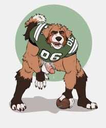 2025 anthro ball balls blue_eyes blush bodily_fluids bottomless bottomless_anthro bottomless_male brown_body brown_fur canid canine canis clothed clothing crouching domestic_dog erection football_jersey fur genital_fluids genitals gridiron_ball hi_res humanoid_genitalia humanoid_penis jersey labradorszn licking licking_lips male male_anthro mammal muscular muscular_anthro muscular_male penis pink_penis precum precum_string shirt solo sweat tail tan_body tan_fur teeth tongue tongue_out topwear vein veiny_penis white_body white_fur