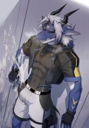 2024 2_horns abs anthro belt big_muscles biped black_belt black_clothing black_jacket black_sclera black_shirt black_topwear blue_body blue_eyes blue_scales bodily_fluids bottomwear bulge clothing cum cum_on_wall cyanusowo detailed_bulge dragon ejaculation erection excessive_cum excessive_genital_fluids fingerless_gloves genital_fluids genitals gloves hair handwear hi_res horn humanoid_genitalia humanoid_penis jacket looking_at_viewer male muscular muscular_anthro muscular_male mythological_creature mythological_scalie mythology pecs penis scales scalie shirt shorts skin_fang skin_fangs solo sweat sweatdrop tight_clothing topwear white_body white_bottomwear white_clothing white_hair white_scales white_shorts