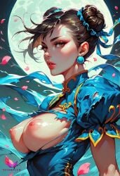 ai_generated artist_name bangs blue_dress breasts breasts_out brown_eyes brown_hair china_dress chinese_clothes chun-li double_bun dress earrings female female_only full_moon hair_bun jewelry large_breasts lips looking_at_viewer makeup moon night night_sky nipples parted_lips petals puffy_short_sleeves puffy_sleeves ribbon shiny shiny_hair shiny_skin short_hair short_sleeves sky solo tenshicum torn_clothes torn_dress upper_body