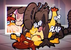 absurd_res alien alien_(franchise) alien_genitalia alien_humanoid anthro balls bodily_fluids breasts brown_hair cum cum_in_vagina cum_inside duo eyewear felestrist female forced from_front_position fur genital_fluids genitals glasses hair hi_res humanoid kangaroo legs_up lying macropod male male/female mammal marsupial missionary_position on_back orange_body orange_fur penetration pull_out sex tired_eyes vaginal_penetration xenomorph yellow_body yellow_fur zoe_roo_(dokapi)