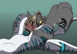 ambiguous_gender andromorph animated anthro aquatic blue_eyes blue_penis blush bodily_fluids breasts cum cum_in_mouth cum_inside duo ear_piercing facial_piercing fangs female fin fin_piercing fish furgonomics furry-specific_piercing genital_fluids genitals gynomorph hybrid intersex intersex/female intersex/intersex intersex/male knot knotted_penis koki_(skunkhotel) leg_tattoo looking_at_another male male/female markings nose_piercing penis piercing rhea_(trichternet) sabertooth_(anatomy) sabertooth_feline shark shark_tail side_boob striped_markings stripes tail tattoo teeth thick_tail thick_thighs trichternet