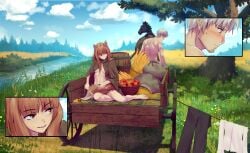 apple blush brown_fur brown_hair brushing_fur canon_couple cloak combing detailed_background embarrassed female full_body holo iskanderednaksi kraft_lawrence long_hair looking_away male nude nude_male outdoors red_eyes shy sitting small_breasts spice_and_wolf underboob wholesome wolf_ears wolf_girl wolf_tail