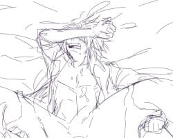 anal anal_sex arm_over_head cum cum_on_body danganronpa danganronpa_another drool drooling fanganronpa gay gay_sex male male/male male_only on_bed only_male open_mouth otori_teruya sex_on_bed sketch super_danganronpa_another_2 white_background