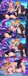 1boy 2girls 4koma ahri ahri_(league_of_legends) ai_assisted ai_generated animal_ears ass azulart01 belt black_jacket blonde_hair blue_eyes bracelet breast_press breasts brown_jacket comic cropped_jacket denim ezreal facial_mark fox_ears fox_tail french_kiss goggles goggles_on_head jacket jewelry k/da_ahri k/da_all_out_ahri k/da_all_out_series k/da_series kissing league_of_legends league_of_legends:_wild_rift long_hair medium_breasts multiple_tails necklace nude on_back open_clothes open_jacket pants pink_hair riot_games shirt short_shorts shorts straight strapless tail whisker_markings white_shirt yellow_eyes