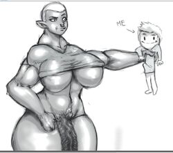 big_breasts breasts churnurg dickgirl english_text erection futa_on_male futanari human human_male humanoid humor intersex larger_futanari light-skinned_male light_skin male mammal muscular orc orc_futanari penis pubic_hair size_difference smaller_male smile text underboob