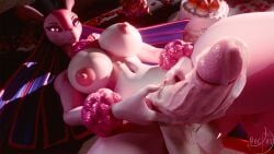 3d_(artwork) anthro balls bedroom_eyes big_breasts big_nipples big_penis blender_(artwork) blender_cycles_(artwork) bodily_fluids breasts cake dessert digital_media_(artwork) doctor-sfm excessive_genital_fluids excessive_precum food genital_fluids genitals gesture glowing glowing_eyes gynomorph heart_gesture hi_res holidays humanoid_genitalia intersex leaking_precum looking_at_viewer lovander lovander_(mayosplash) lying narrowed_eyes nipples on_back pal_(species) palworld penis pocketpair precum precum_on_own_penis precum_on_penis presenting seductive smile smirk solo spread_legs spreading valentine's_day