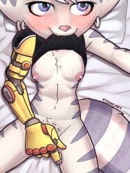 anthro bangs bed black_clothing black_shirt black_topwear breasts clothing ear_piercing female finger_fuck fingering fur furniture furry_tail hi_res humanoid lombax lying lying_on_bed mammal nipples on_bed piercing pillow ratchet_and_clank rivet_(ratchet_and_clank) robotic_arm selfie shirt small_breasts solo sony_corporation sony_interactive_entertainment striped_body striped_fur stripes tail topwear vaginal_penetration viwhi_art white_body white_fur
