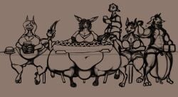 anthro ass balls bandai_namco belly big_belly big_breasts big_bulge big_butt bovid bovine breasts bulge caprine cattle chair confident confident_male dialogue digimon digimon_(species) digitigrade dragon female food furniture genitals goat group gynomorph huge_belly huge_breasts huge_bulge huge_butt hybrid hyper hyper_belly hyper_bulge hyper_butt hyper_genitalia hypercasual intersex jealous line_art male mammal moobs morbidly_obese morbidly_obese_male muscular muscular_anthro muscular_male mythological_creature mythological_scalie mythology obese obese_male on_chair overweight overweight_male pecs penis ratto ratto_(character) renamon scalie sitting sitting_on_chair thick_thighs wide_hips widescreen