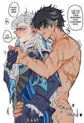 blackmieu english_text fully_clothed fully_nude gay genshin_impact grinding grinding_through_clothes hand_on_belly male/male neuvillette_(genshin_impact) scars sweating wriothesley_(genshin_impact)