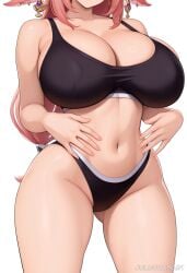 ai_generated ass_visible_through_thighs bare_shoulders black_bra black_panties bra breasts cleavage close-up collarbone covered_nipples cowboy_shot earrings female hands_on_own_stomach head_out_of_frame huge_breasts jewelry juliatitusart large_breasts long_hair navel panties pink_hair pink_nails simple_background smile solo sports_bra stomach thick_thighs thighs twitter_username underwear underwear_only very_long_hair white_background yae_miko