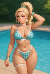 ai_generated arm_behind_head armpits athletic_female blonde_female blonde_hair bracelet chatgpt checkered checkered_clothes choker cleavage earrings female frill_trim frilled_choker frilled_thigh_strap frills frilly_bikini hair_ring hourglass_figure lace_choker medium_breasts one_arm_behind_head outdoor_background outdoors pink_eyes ponytail poolside rgomez007 solo_female stable_diffusion tanned thick_lips thick_thighs thigh_strap wide_hips