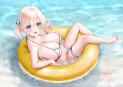 :d areola_slip bare_shoulders beach bikini blonde_hair blue_eyes blush breasts brown_hair cleavage collarbone covered_nipples day ella_of_the_sky eyelashes female fingernails hair_between_eyes hair_bobbles hair_ornament huge_breasts innertube large_breasts last_origin looking_at_viewer madan_(kkh8936) makeup mascara micro_bikini open_mouth short_hair side-tie_bikini_bottom sidelocks smile solo starfish strap_gap string_bikini swim_ring swimsuit untied_bikini v water wet wet_hair