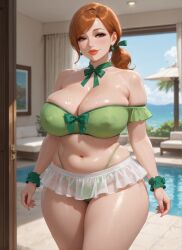 ai_generated armpit_crease bandeau bangs bikini bikini_visible_through_clothes blurry_background bow_accessory bow_choker cleavage curtains doorway earrings eyebrows_visible_through_hair female frilled_skirt ginger_hair green_bikini hair_over_one_eye hair_tie indoor_pool inviting large_breasts lipstick low_ponytail microskirt milf mommy nail_polish nipple_bulge ocean_background off_shoulder rgomez007 ribbon_choker see-through see-through_skirt skindentation solo_female stable_diffusion thick_lips thick_thighs thong_bikini thong_straps wide_hips wrist_scrunchie