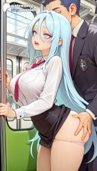 1boy 1girls 2026 ai_assisted ai_generated anime artist_name blue_hair explicit formal hi_res high_quality high_resolution highres long_hair necktie panties patreon patreon_username red_necktie skypassion stable_diffusion sylpha_langlis tensei_shitara_dai_nana_ouji_dattanode,_kimamani_majutsu_o_kiwamemasu underwear watermark white_panties