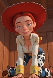 ai_generated breasts cow_print cowboy_hat cowgirl_outfit galaxy_artai ginger_female green_eyes jessie_(toy_story) lascive_eyes looking_at_viewer on_her_knees pixar red_hair smiling smiling_at_viewer tongue_out toy_story twin_braids
