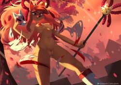 anthro blush boots canid canine ceroba_ketsukane destroyed_clothing exposed_pussy exposed_vagina female_focus female_only fox fully_nude furry mask medium_breasts nude_female pussy skeleion staff vagina wet