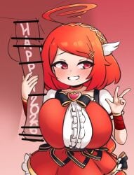 1girls ahoge animal_genitalia blush breasts choker gigantic_breasts hand_on_penis horse horsecock huge_breasts pldf red_dress red_eyes red_hair short_hair shortstack smile solo_focus v v_sign zoophilia