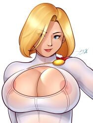 1girls alternate_background alternate_version_available applespicex areola_slip areolae areolae_visible_through_clothing big_breasts blonde_hair blue_eyes breast_focus breasts cape cleavage dc dc_comics eye_visible_through_hair female female_only hair hair_over_one_eye huge_breasts leotard lips nipples nipples_visible_through_clothing power_girl short_hair simple_background smile solo solo_female superheroine upper_body upper_body_focus white_background white_leotard