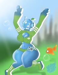 background blue_skin camera cleavage female frutiger_aero green_clothing hands_up happy headphones isally_(smol_gogeta) jumping original_character sm0ls_c0ck smol_gogeta sunny tagme thick_thighs