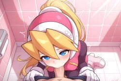 ai_generated bathroom blonde_hair blowjob blue_eyes ciel ciel_(mega_man) cute cute_girl female girl medium_breasts mega_man_x_dive mega_man_zero penis penis_in_mouth pink_skirt pink_vest pov sex sexy sexy_pose skirt vest