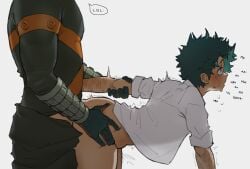 2boys anal anal_sex ass bakugou_katsuki bare_hips bent_over blush bones_(company) bottomless bracelet costume cum english_text freckles gay gloves grabbing_another's_ass green_eyes green_hair holding_another's_arm izuku_midoriya katsuki_bakugou legs looking_up male/male male_on_male male_only messy_hair midoriya_izuku moaning my_hero_academia no_male_underwear open_mouth pectorals penetration scar scar_on_arm scar_on_face sex shirt shounen_jump superhero_costume sweat sweatdrop tears valovalo white_shirt yaoi