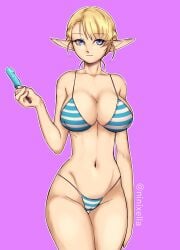 1girls artist_name bikini blonde_hair blue_eyes breasts closed_mouth collarbone cowboy_shot elf elf-san_wa_yaserarenai. elfuda food highleg highleg_bikini highres holding holding_food holding_popsicle large_breasts looking_at_viewer navel ninixella pointy_ears popsicle purple_background short_hair simple_background smile striped_bikini striped_clothes swimsuit thigh_gap thighs wide_hips