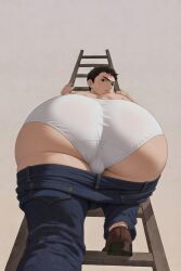 1boy ai_generated angry ass ass_focus big_ass big_butt black_hair climbing dat_ass fat_ass femboy feminine_male from_below grok huge_ass huge_butt jeans looking_at_viewer male male_focus male_only masculine oc pants_down thick_thighs white_underwear
