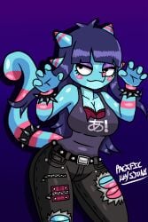 2:3 anthro belt blue_body bra chameleon chameleon_humanoid chameleon_tail dark_blue_hair female female_only horns jeans kami_(vitzypie) long_hair looking_away neckline no_sleeves_shirt purple_eyelids sfw signature sky_blue_body spiked_collar striped_body stripes thick_thighs voluptuous voluptuous_body wide_hips