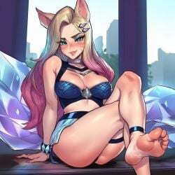 ahri ai_assisted ai_generated animal_ears anklet azulart01 bare_arms bare_legs bare_shoulders barefoot blonde_hair blue_bra blush bra bracelet breasts choker cleavage crop_top crossed_legs crystal facial_mark feet female fox_ears fox_girl fox_tail gem hair_ornament hairclip jewelry k/da k/da_ahri k/da_all_out_ahri k/da_all_out_series k/da_series large_breasts league_of_legends league_of_legends:_wild_rift long_hair looking_at_viewer miniskirt multicolored_hair pink_nails riot_games silver_choker sitting skirt smile soles solo tail thigh_strap toes underwear whisker_markings