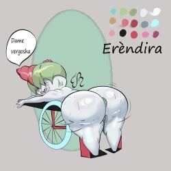 absurd_res anthro ass big_butt buttplug eddiebrije elderly elderly_female erendira fan_character female generation_3_pokemon genitals green_hair hair hi_res huge_butt nintendo not_furry nude plug_(sex_toy) pokemon pokemon_(species) ralts sex_toy simple_background solo vehicle vulva wheelchair white_body wide_hips