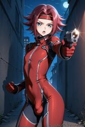 1boy ai_generated aiming_at_viewer blue_eyes bodysuit bulge clenched_hand code_geass cowboy_shot femboy genderswap_(ftm) gun handgun headband holding_gun holding_weapon kallen_stadtfeld looking_at_viewer male moon night night_sky open_mouth outdoors outstretched_arm red_bodysuit red_hair rule_63 short_hair sky solo spiked_hair standing tagme tehmar trans_woman transfem trap weapon