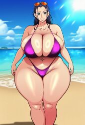 bikini black_hair blue_eyes child_bearing_hips large_breasts nico_robin seasonedcum slightly_chubby swimsuit