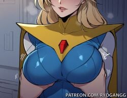 1female 1girls 2d 2d_(artwork) ai_generated blonde_blazer breasts dispatch dispatch_(game) eyewear female grope high_resolution highres latex latex_clothing light-skinned_female light_skin mandy_(dispatch) masked_female patreon patreon_username ryogangg superhero_costume superheroine supersuit thighs thight_clothing touching_breast