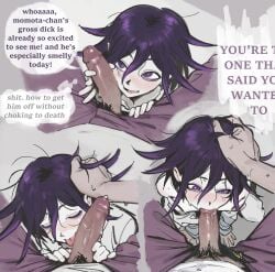 2boys absurdres aegyo_sal between_legs blush commentary danganronpa_(series) danganronpa_v3:_killing_harmony english_commentary erection fellatio flipped_hair from_above hair_between_eyes hand_in_another's_hair highres irrumatio kneeling large_penis licking licking_penis long_sleeves male_focus male_pubic_hair miri_(bossu_osu) momota_kaito multiple_boys oma_kokichi open_fly oral pants penis pov pov_crotch pubic_hair purple_eyes purple_hair size_difference smell smile solo_focus speech_bubble spread_legs sweat teasing thought_bubble uncensored yaoi