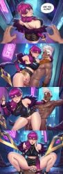 1boy 2girls ai_assisted ai_generated alley anal arms_behind_back bare_shoulders bottomless breasts comic dark-skinned_male dark_skin earrings english_text erection evelynn evelynn_(league_of_legends) fingerless_gloves fur_trim gloves grin group_sex jewelry k/da_evelynn k/da_series large_breasts league_of_legends league_of_legends:_wild_rift lipstick long_hair looking_at_viewer multiple_girls nail_polish necklace nipples penis pov purple_hair pussy riot_games sex smile speech_bubble straight sunglasses threesome tinted_eyewear uncensored vaginal_penetration weapon white_hair yellow_eyes