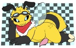 animal_genitalia animate_inanimate anonymous_artist antennae_(anatomy) anthro arthropod bailey_(bailey_beatrix) bedroom_eyes bee biped clothing erection eyewear eyewear_on_head fur genitals goggles goggles_on_head hi_res hymenopteran insects living_plushie looking_at_viewer male narrowed_eyes nude penis plushie pose scarf seductive simple_background smile smug solo stitch_(sewing) tapering_penis wings yellow_body