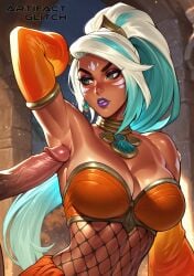 1boy 1boy1girl 1girls abs ai_generated arm_up armpit_fetish armpits artifactglitch big_breasts big_penis cyan_highlights dark_skin earrings erection face_markings fetish frown green_eyes league_of_legends lipstick long_hair looking_to_the_side makeup nidalee ocean_song_nidalee ponytail pout riot_games skirt sleeves stockings tanline veiny_penis watermark white_hair