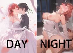 1boy 2girls ai_generated arched_back balls_deep bead_necklace beads black_bow black_bowtie black_hair black_suit black_vest blur_censor blush bow bowtie break0714_(ai_generator) breasts censored censored_penis censored_pussy cheating cheating_(relationship) cheating_wife closed_eyes clothed_female_nude_male completely_nude cowgirl_position crossdressing cucked_lesbian cuckquean cum cum_in_pussy cum_inside deep_penetration detached_sleeves dress dress_pull dress_shirt edit english_text falling_petals fishnet_legwear fishnet_stockings fishnets from_side functionally_nude green_hair grey_vest head_back head_tilt highres kissing large_breasts lesbian_couple lesbian_gets_dicked lesbian_with_male long_hair love_live! love_live!_nijigasaki_high_school_idol_club marriage married married_couple medium_hair messy_hair motion_blur multicolored_hair necklace netorare night nipples no_panties nose_blush nude off_shoulder open_mouth orientation_play panels pantyhose penis petals pussy pussy_juice red_hair shirt side_view stomach stomach_bulge straight suit suit_and_tie sweat sweating takasaki_yuu tearing_up tears text third-party_edit tongue tongue_out torn_pantyhose tuxedo twintails two-tone_hair two_panel_image uehara_ayumu vaginal_penetration veil wedding_dress wedding_night wedding_veil white_dress white_shirt white_sleeves wife_and_wife