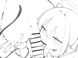 1boy 2girls anus bar_censor blue_archive censored demon_tail fellatio ffm_threesome gloves greyscale group_sex hair_between_eyes halo hikari_(blue_archive) licking licking_penis looking_at_viewer monochrome multiple_girls nozomi_(blue_archive) oerba_yun_fang oral penis pointy_ears pussy sex sex_from_behind siblings skin_fang tail teriibol threesome twins unfinished vaginal_penetration