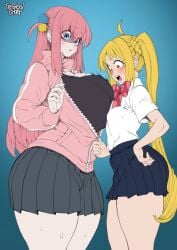 2girls aged_up asymmetrical_docking blonde_hair blue_eyes bocchi_the_rock! breast_awe breast_envy breast_size_difference breasts breasts_bigger_than_head curvy female flat_chest flat_colors from_side gigantic_breasts gotou_hitori height_difference huge_ass huge_breasts huge_thighs hyper_breasts hyper_thighs ijichi_nijika long_hair looking_at_another looking_at_breasts pink_hair pink_track_suit plump school_uniform shocked shocked_expression shocked_eyes shocked_face size_comparison skirt thegoldensmurf unzipped_jacket