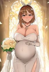 ai_generated backlighting bare_shoulders big_belly blush bouquet braid breasts bridal_veil bride brown_eyes brown_hair cleavage closed_mouth collarbone covered_navel cuckold dress earrings elbow_gloves female female_only flower gloves hair_ornament hairclip holding holding_bouquet indoors jewelry large_breasts looking_at_viewer necklace netorare pregnant reisalin_stout ring rose short_hair side_slit smile solo star_\\\\\\\\(symbol\\\\\\\\) star_earrings star_necklace strapless strapless_dress veil wedding wedding_dress wedding_ring white_dress white_flower white_gloves zeulzin