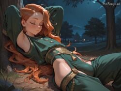 1futa ai_generated alone armpit_fetish athletic_body bulge closed_eyes elaborate_clothing expensive_clothing extremely_long_hair freckles futanari ginger green_clothing laying_under_tree long_hair looking_at_viewer night oversized_clothes rich_clothing very_young wind young