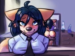 ambiguous_fluids ambiguous_penetration anthro black_hair blue_eyes blush bottomless breast_rest breasts canid canine clothed clothing dildo dipstick_tail e621 female fox fur hair lamp lava_lamp looking_at_viewer mammal markings mirror mirror_reflection murrdusa necktie orange_body orange_fur penetration reflection riding_dildo sex_toy smile smiling_at_viewer solo tail tail_markings tentacle_dildo text