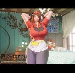 3d clothed juniahhazel_(artist) large_breasts may_(pokemon) smile smiling_at_viewer thick_thighs wide_hips