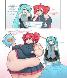 2girls 53hank bbw belly big_breasts blue_hair breasts clothing cookie english_text fat fatass_teto female female_only hatsune_miku huge_belly huge_breasts kasane_teto light-skinned_female light_skin long_hair meme overweight red_hair text torn_clothes utau vocaloid weight_gain