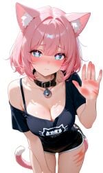 1girls after_sex black_suit blue_eyes catgirl cute female girl neko nekomimi pink_hair shorts spank_marks spanked traumatized