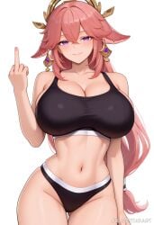 ai_generated animal_ears ass_visible_through_thighs bangs bare_shoulders black_bra black_panties blush bra breasts cleavage closed_mouth collarbone cowboy_shot earrings female floppy_ears fox_ears hair_between_eyes hair_ornament hand_up jewelry juliatitusart large_breasts long_hair looking_at_viewer navel panties pink_hair pink_nails purple_eyes simple_background smile solo sports_bra stomach thighs underwear very_long_hair white_background yae_miko
