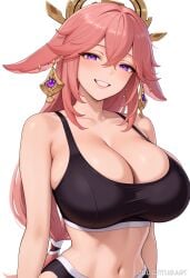 ai_generated animal_ears bangs bare_shoulders blush breasts cleavage collarbone crossed_bangs earrings female fox_ears grin hair_between_eyes hair_ornament jewelry juliatitusart large_breasts long_hair looking_at_viewer midriff navel pink_hair purple_eyes simple_background smile solo sports_bra stomach teeth upper_body very_long_hair white_background yae_miko