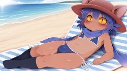 ai_assisted ai_generated anthro artstyle_imitation beach bikini blue_hair blush brown_body brown_fur bulge bulge_through_clothing bulge_through_swimsuit cat_ears dagasi_(artstyle) femboy furry niko_(oneshot) shocked shocked_expression stable_diffusion yellow_eyes